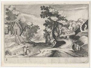 Bosrijk heuvellandschap met gebouwen en figuren door Simon Frisius