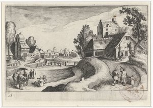 Dorpsgezicht met een boerderij door Simon Frisius