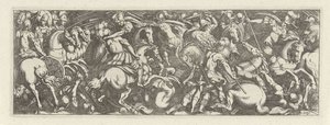 Gevecht tussen cavaleristen en infanteristen (Cavalerie, series title) Faecvnda qvam sit acris ingeni viris dilecta Phaebo et gratys Florentia, sat indicant pvgnae, enthea vi pectoris quas Mercuri sculpsit cliens tempestiv (series title) door Simon Frisius