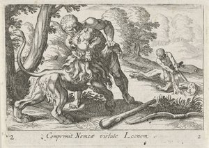Hercules in gevecht met de Nemeïsche leeuw door Simon Frisius