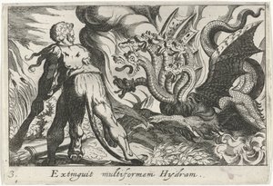 Hercules in gevecht met de hydra van Lerna door Simon Frisius