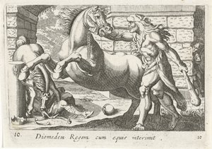 Hercules temt de paarden van Diomedes door Simon Frisius