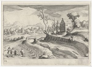 Heuvellandschap met een kapel door Simon Frisius