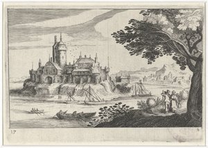 Heuvellandschap met een kasteel op een eiland door Simon Frisius