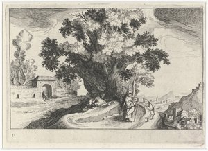 Heuvellandschap met vrijende figuren onder een boom door Simon Frisius