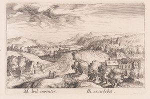 Heuvelachtig landschap met drie paren, uit Topographia Variarum Regionum door Simon Frisius