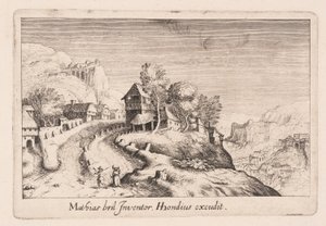 Landschap met een pad op een berg door een dorp, uit Topographia Variarum Regionum door Simon Frisius