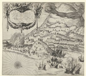 Overwinning van de Hollanders op de Portugezen op Tidore (linkerplaat), 1605 door Simon Frisius