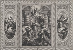 James I benoemt Charles tot Koning van Schotland in het midden, Minerva doorboort Onwetendheid aan de rechterkant, 1720 door Simon Gribelin