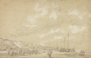 Vissers die netten drogen op het strand van Scheveningen door Simon Jacobsz. Vlieger