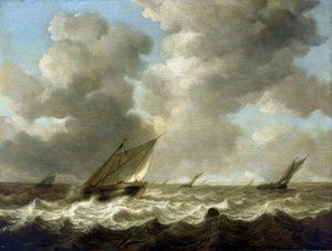 Vissersboten op ruwe zee, aan de horizon is de Nederlandse kust zichtbaar door Simon Jacobsz. Vlieger