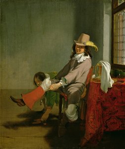 Interieur met een officier die zijn laars aantrekt, geholpen door zijn bediende door Simon Kick