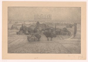 Landschap met dorp bij een rivier door Simon Moulijn (signed by artist)
