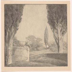 Landschap met muur en cipres door Simon Moulijn