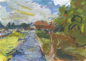 Pavenment  binnenweg naar huizen, 2024 (acryl, aquarel, aquarelpotloden  oliepastel op papier) door Simon Neville