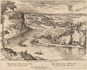 Rivierlandschap met Mercurius en Psyche door Simon Novellanus after Pieter Bruegel the Elder