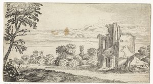 Landschap met ruïne door Simon Poelenburg