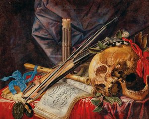 Vanitas stilleven met altviool, klarinet, schedel, partituren en kaars