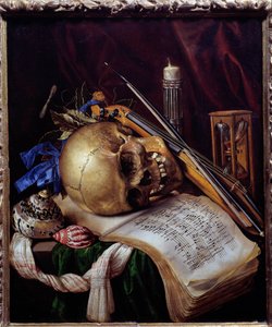 Vanitas Stilleven van schedel, bladmuziek, muziekinstrumenten, schelpen en zandloper. Schilderij door Simon Bernard van Saint Andre (1650)