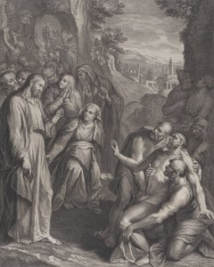 De Opwekking van Lazarus, met Christus staand links door Simon Vallee