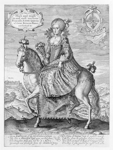Ruiterportret van Anne van Denemarken (1574-1619) gegraveerd door de kunstenaar, uitgegeven door Compton Holland, 1616