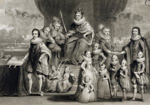 Zijne Majesteit Jacobus I en zijn koninklijke nageslacht samen met de familie van de koning van Bohemen, gegraveerd door Charles Turner, 1814 door Simon de Passe