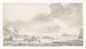 Strandgezicht met schelpenvissers en wandelaars door Simon de Vlieger (possibly)