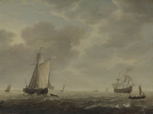 Een Nederlands oorlogsschip en verschillende schepen in een bries, c. 1640