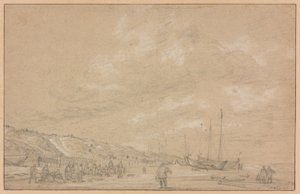Vissers drogen netten op het strand van Scheveningen door Simon de Vlieger
