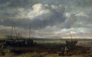 Kust in Scheveningen met vissersboten door Simon de Vlieger
