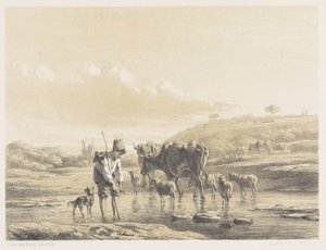 Herdersjongen met kudde in ondiep water door Simon van den Berg