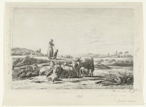 Landschap met herderin en hond bij kudde schapen door Simon van den Berg