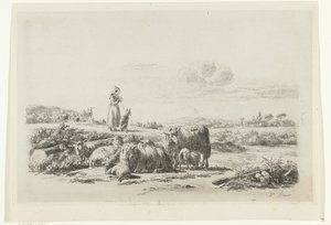 Landschap met herderin en hond bij kudde schapen door Simon van den Berg
