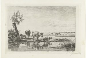 Weidelandschap met koeien bij water door Simon van den Berg