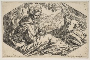 Rust in Egypte, Maria houdt en kijkt naar het kind Jezus terwijl Sint Jozef..., ca. 1637-1639 door Simone Cantarini