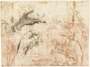 Schetsblad met verschillende composities, onder andere van twee handen door Simone Cantarini