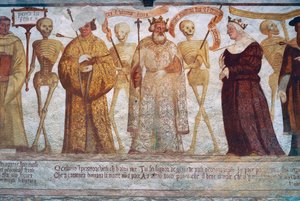 De dood met de keizer, de koning en de koningin, detail uit De Dodendans door Simone II Baschenis