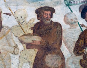 De dood met de rijke vrek, detail uit De Dodendans door Simone II Baschenis