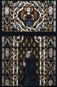 Kardinaal Gentil van Montefiore knielt - Glas-in-lood door Simone Martini, Basiliek van Sint Franciscus van Assisi, Onderkerk, Kapel van Sint Louis, Assisi