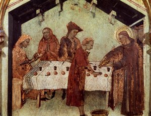 Louis bedient de monniken aan tafel, detail uit het Leven van Louis van Toulouse, van de predella van Saint Louis Bisschop van Toulouse die zijn broer Robert van Anjou, Koning van Napels, kroont