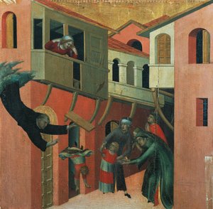 Het wonder van de baby die van het balkon viel, detail van het altaarstuk getiteld Zalige Agostino Novello en verhalen uit zijn leven, ca. 1330, door Simone Martini