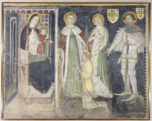 Madonna en Kind met St. Catharina, St. Ursula, St. Joris en de patroon, Theodoricus van Chur door Simone da Corbetta
