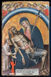 Rouw over de dode Christus met de opdrachtgever, Iohannes de Elthinl, door Simone dei Crocifissi, c. 1368. De Maagd wordt voorgesteld als Onze-Lieve-Vrouw van Smarten, met een zwaard in haar hart. door Simone dei Crocifissi