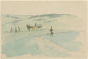 Landschap met figuren en een koets door Sir David Wilkie