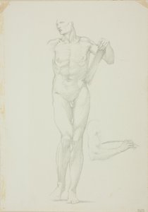 Staande man met tablet; aparte schets van rechterarm door Sir Edward Burne Jones