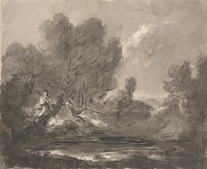 Figuur in boom bij vijver