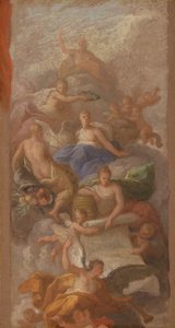 Een schets van dankbaarheid gekroond door vrede, met andere allegorische figuren van industrie, roem en overvloed door Sir James Thornhill