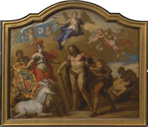 Allegorie van de Macht van Groot-Brittannië te Land, ontwerp voor een decoratief paneel voor de ceremoniële koets van George I door Sir James Thornhill
