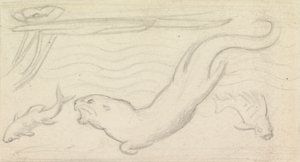 Glas-in-loodstudie, een otter en twee vissen