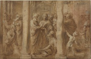 Het Wonder van de Verlamde Man Genezen door Sint Petrus en Sint Johannes door Sir Peter Paul Rubens over Anonymous Italian after Parmigianino after Raphael